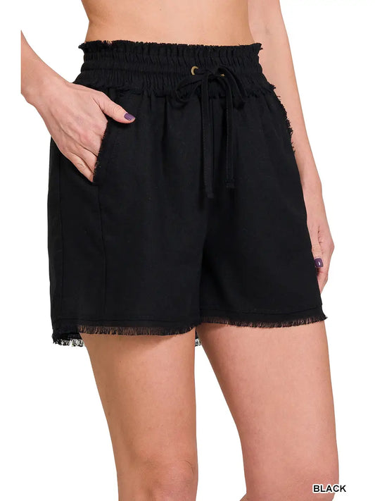 Linen Frayed Hem Drawstring Shorts With Pockets