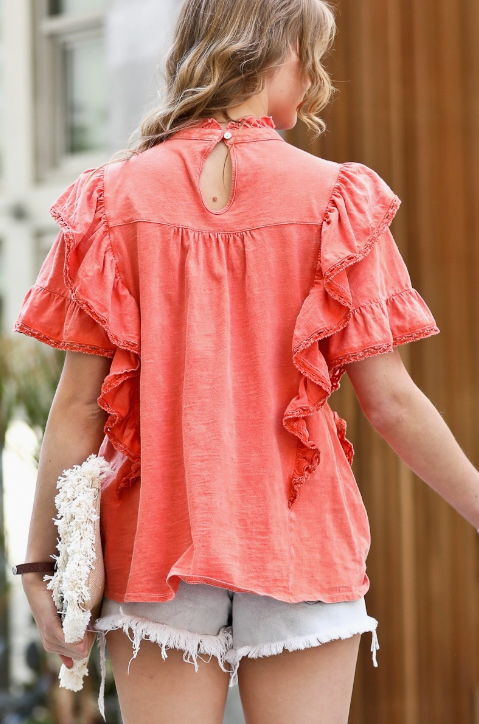 Vintage Washed Ruffle & Lace Trim Detail Top