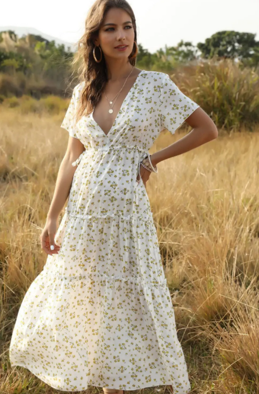 Boho White Floral High Cut Midi Dress